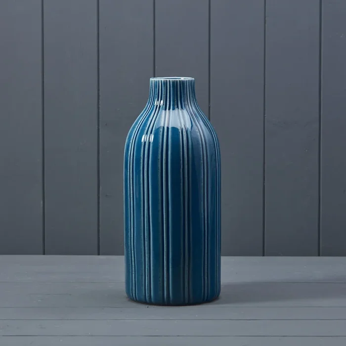 Blue Glazed Ceramic Vase with Lines – 29cm