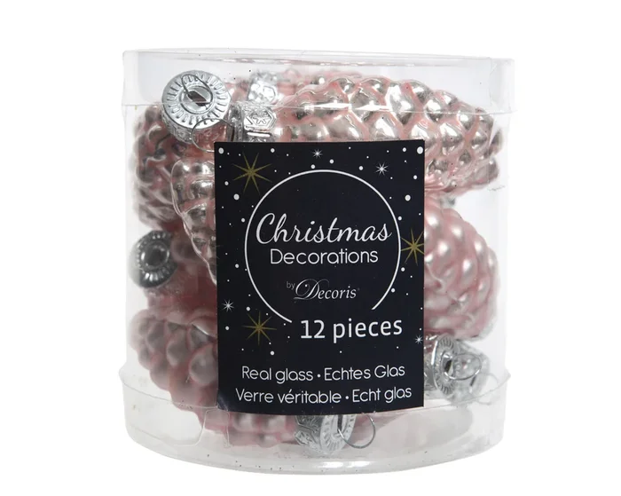 Blush Pink Glass Pine Cones with Matt and Shiny Finish – Pack of 12