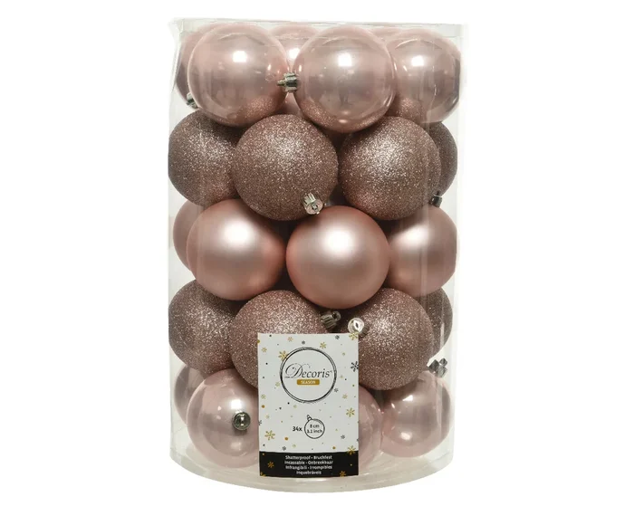 Blush Pink Shatterproof Matt, Shiny and Glitter Assorted Baubles – Tube of 34