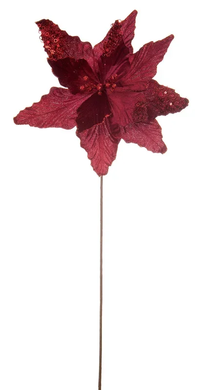 Burgundy Poinsettia Stem with Glitter – 60cm