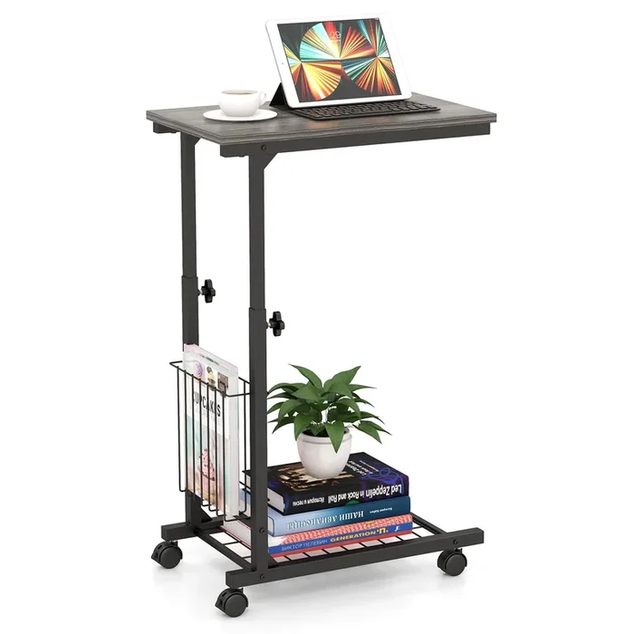 C-shape Adjustable End Table with Storage Basket-Grey
