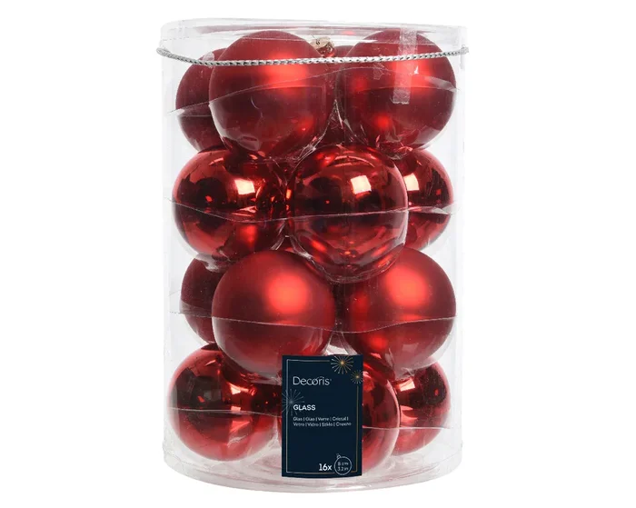 Christmas Red 8cm Glass Baubles in Matt & Shiny Finish – Tube of 16
