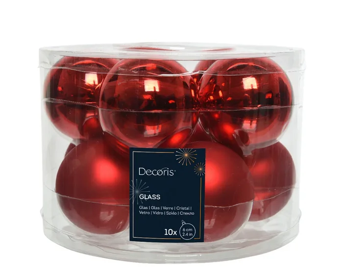 Christmas Red Mixed Shiny and Matt 6cm Glass Baubles – Tube of 10