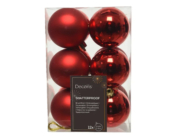 Christmas Red Shatterproof Shiny and Matt Baubles – Box of 12