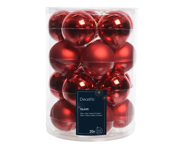 Christmas Red Shiny & Matt Mix of Glass Baubles – Tube of 20