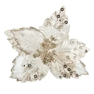 Cream Gold Fabric Poinsettia Pick