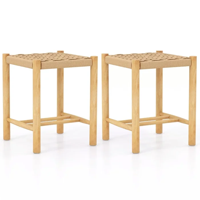 Dining Stool Set of 2 with Rubber Wood Frame and Woven Paper Seat-36 x 36 x 45cm