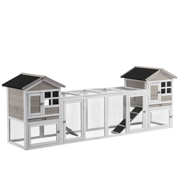 Double-Decker Rabbit & Guinea Pig Hutch with Run Box – 2-in-1 Wooden Small Animal Shelter, Slide-Out Tray, Ramp – Ideal for Pet Comfort and Easy Maintenance