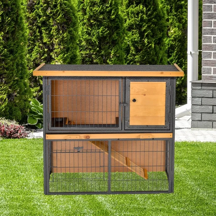 Elevated Wood & Metal Guinea Pig Hutch – Bunny Cage with Slide-Out Waste Tray, Asphalt Roof, Lockable Door – Ideal for Outdoor Pet Enclosures