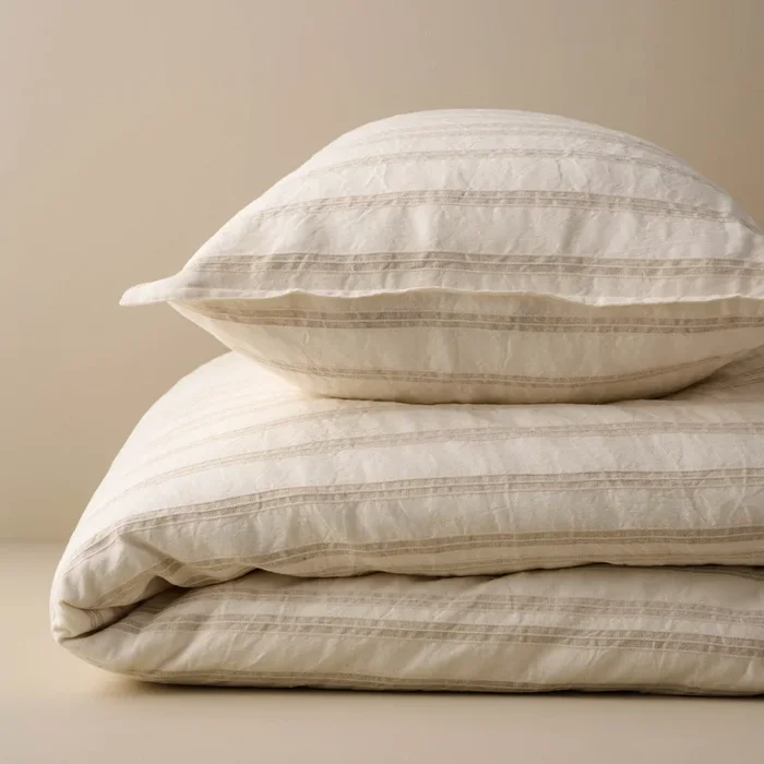 Embroidered Stripe Linen Cotton Duvet Cover – Oatmeal