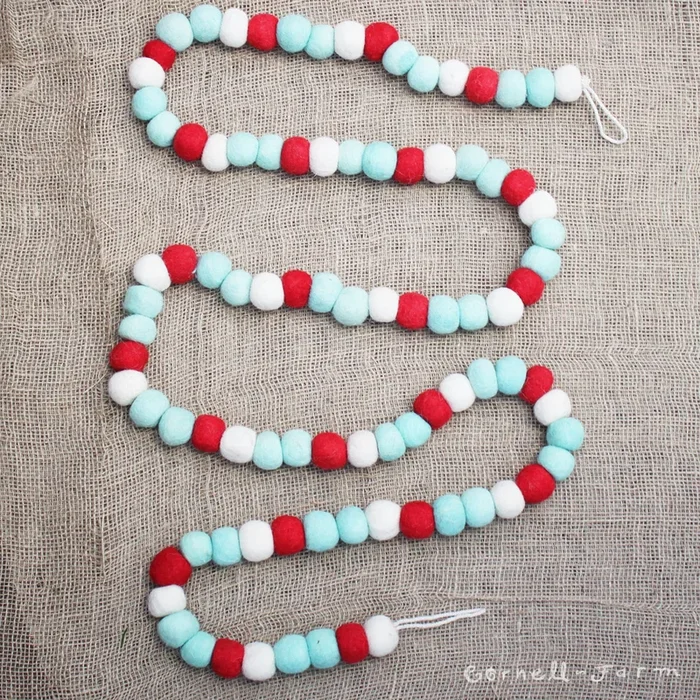 Felt Ball Garland, turquoise, red, ivory 96in
