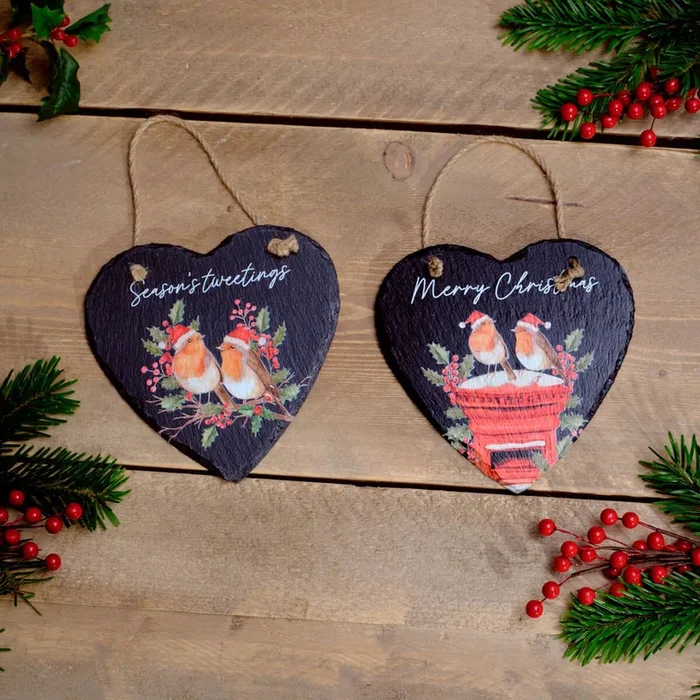 Festive Robin With Berries And Red Post Box Slate Heart Hanger