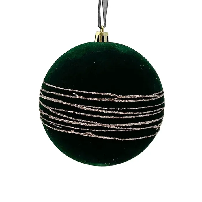 Flocked Swirl Bauble Dark Green – 10cm