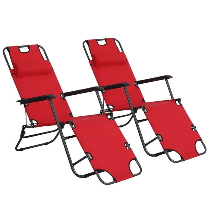 Foldable Sun Loungers with Adjustable Back – Outdoor Reclining Garden Chairs with Pillow and Armrests in Vibrant Red – Perfect for Patio Relaxation and Sunbathing