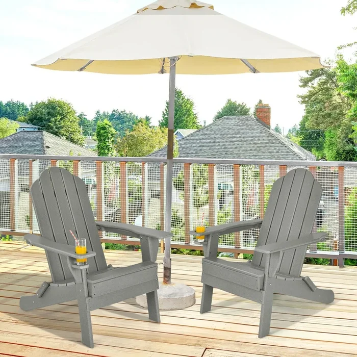 Folding Garden Adirondack Chair with Built-in Cup Holder-Grey