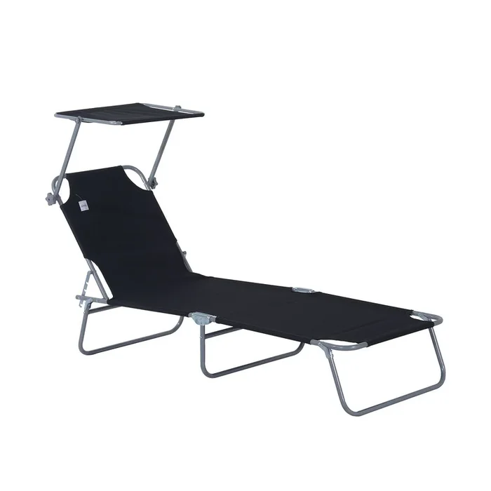 Folding Sun Lounger with Canopy – Reclining Chair for Beach & Garden, Adjustable Patio Recliner – Ideal for Outdoor Relaxation and Sun Protection (Black)