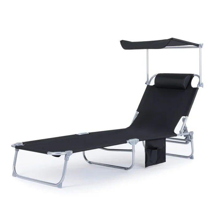 Folding Sun Lounger with Sun Shade – Black