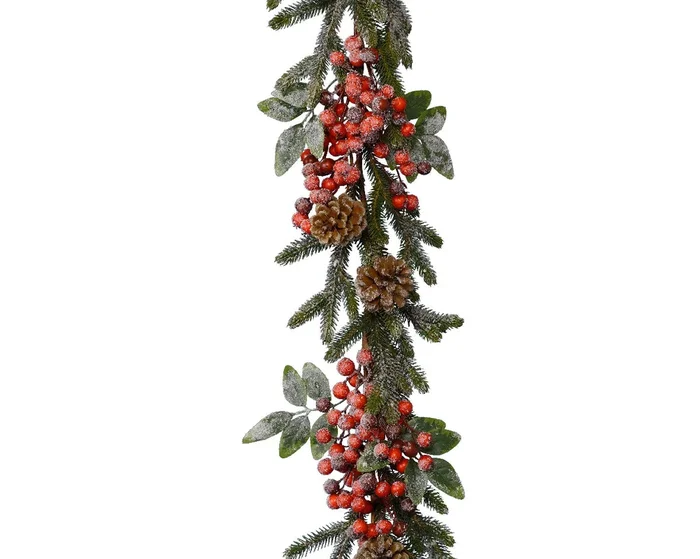 Frosted Garland with Glitter & Berries – 176cm
