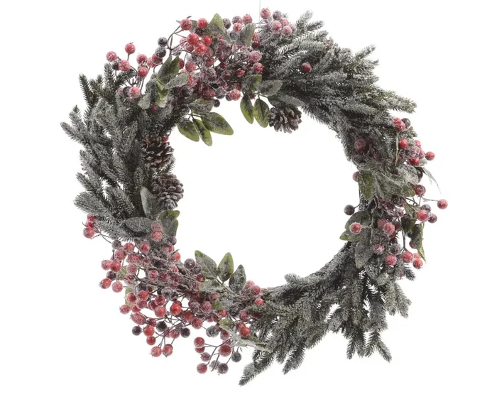 Frosted Snow Wreath with Red Berries & Pine Cones