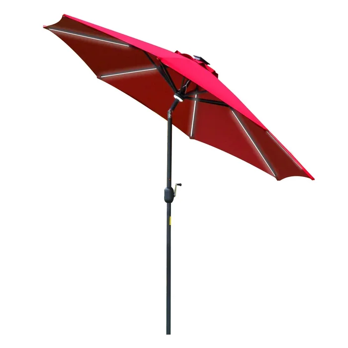 Garden Parasol Sun Umbrella 2.7m with Solar LED Lights – Angled Canopy, Air Vent, and Crank Tilt Features in Vibrant Red – Ideal Summer Patio Shelter for Day and Night