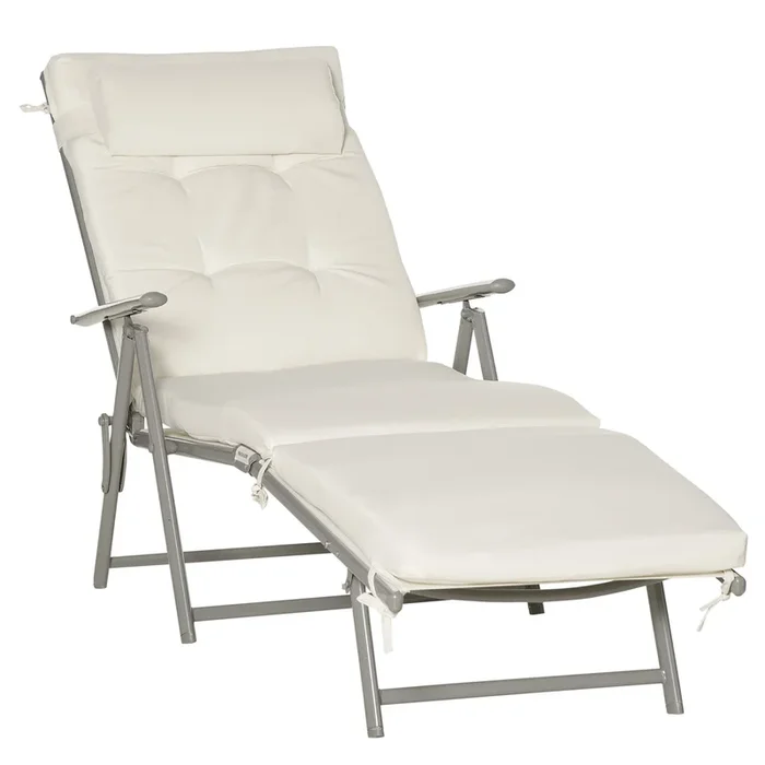 Garden Sun Lounger with Pillow – Adjustable Texteline Recliner, Foldable and Reclining – Ideal for Patio Comfort and Relaxation, Cream White