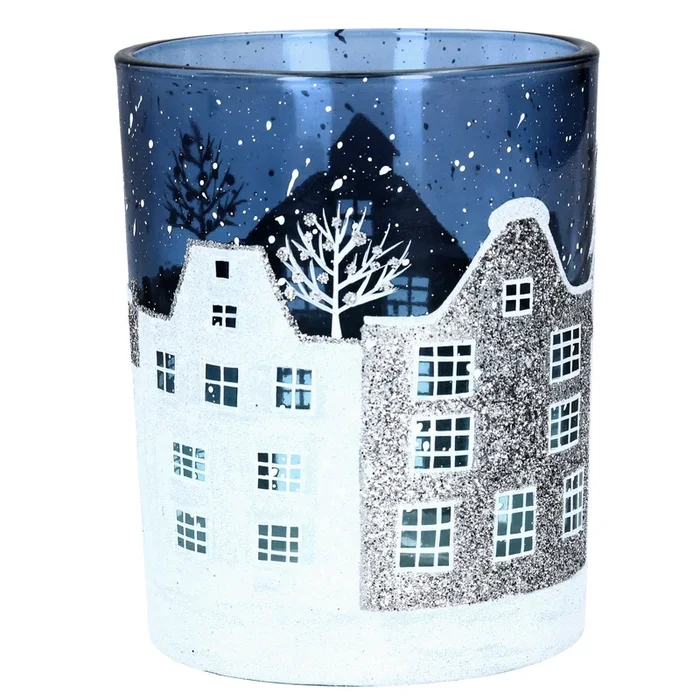 Gisela Graham – Blue and White Glass Street Scene Tea Light Pot – Large