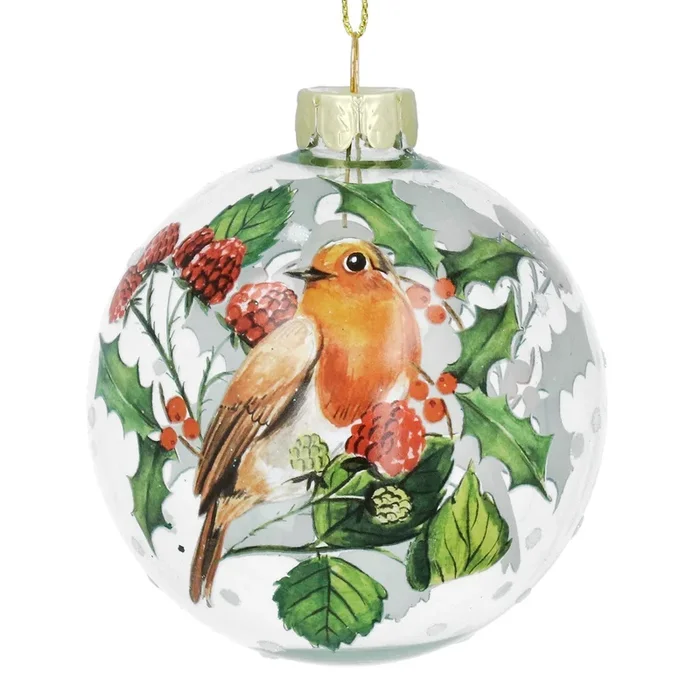 Gisela Graham – Clear Glass Bauble with Robin and Fruit