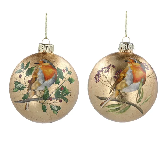 Gisela Graham- Antique Gold Glass Ball with Robin Tree Decoration