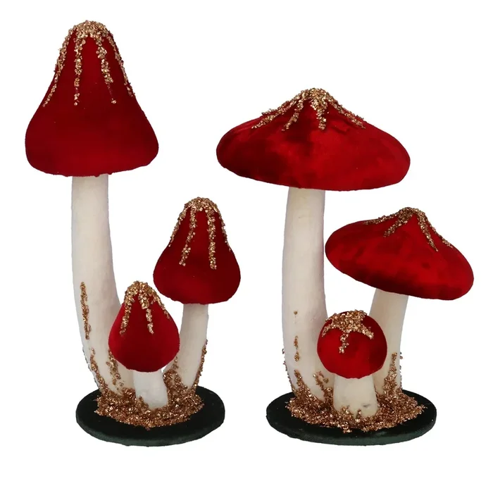Gisela Graham Red Cap Toadstool Trio with Gold Glitter Ornament