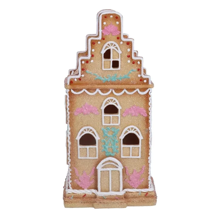 Gisela Graham Resin Gingerbread LED Christmas Town House Ornament with Pink and Blue Trim