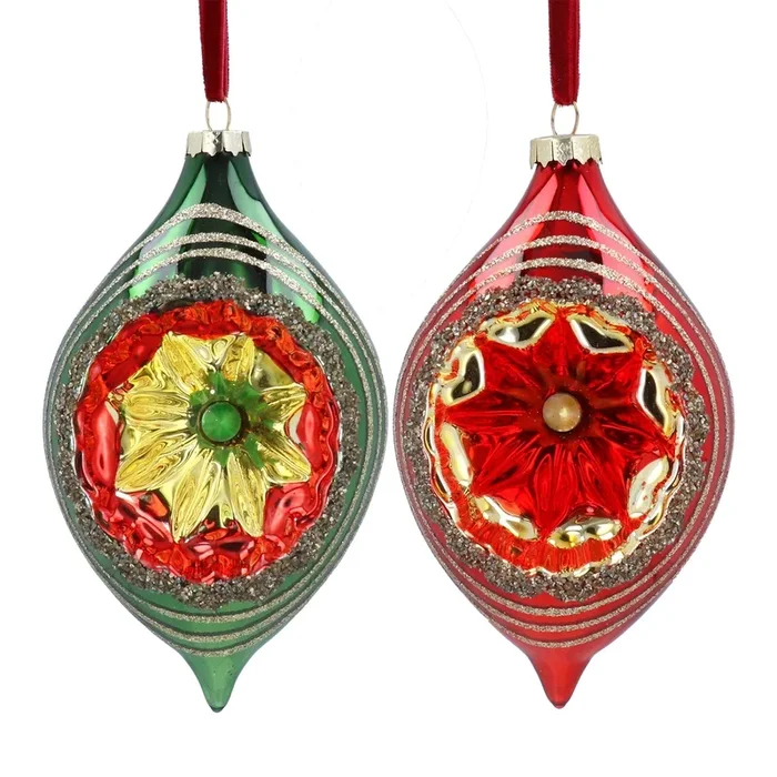 Gisela Graham Vintage Red or Green Glass Olive Shape with Dimple Bauble – 15cm