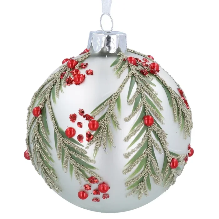 Gisela Graham White Glass Ball with Red Berry Sprays Bauble – 8cm