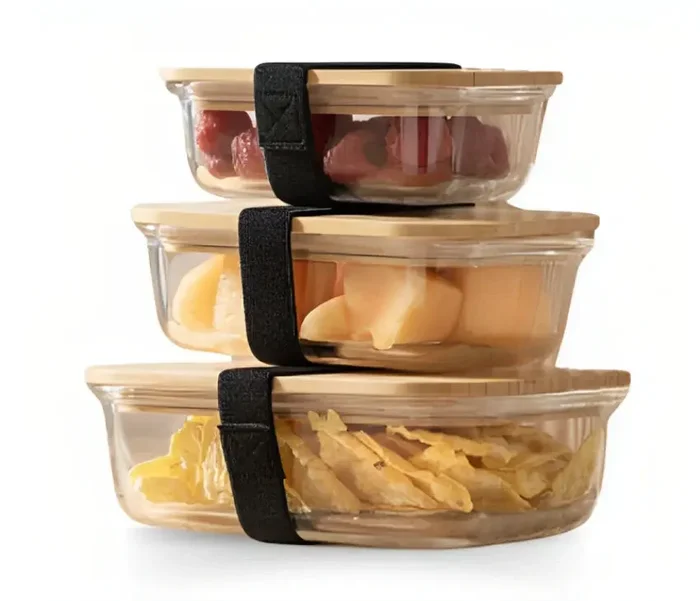 Glass Food Storage Containers with Bamboo Lids & 3 Stretchable Bands-Set Of 3-Houszy®