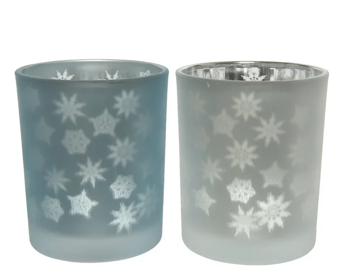 Glass Tea Light Holders with Silver Interior and Laser Star and Snowflake Cut Outs