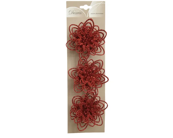 Glittery Plastic Flower Clip On Decorations – RED