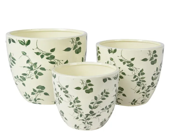 Green Round Plant Leaf Painted Terracotta House Plant Pot