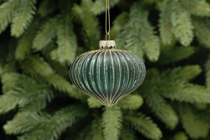 Green With Gold Glitter Ridged Glass Onion Bauble – 8cm