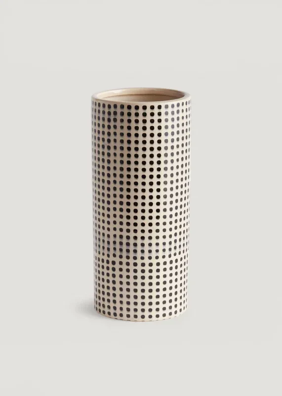 Handmade White and Black Dotted Ceramic Cylinder Vase – 11.25″