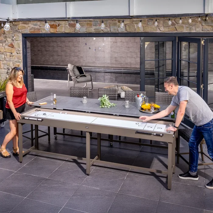 Hartman – Pavilion Outdoor Shuffle Board Multi-Use Games Table with 8 Seat High Dining Bar & FREE Cover