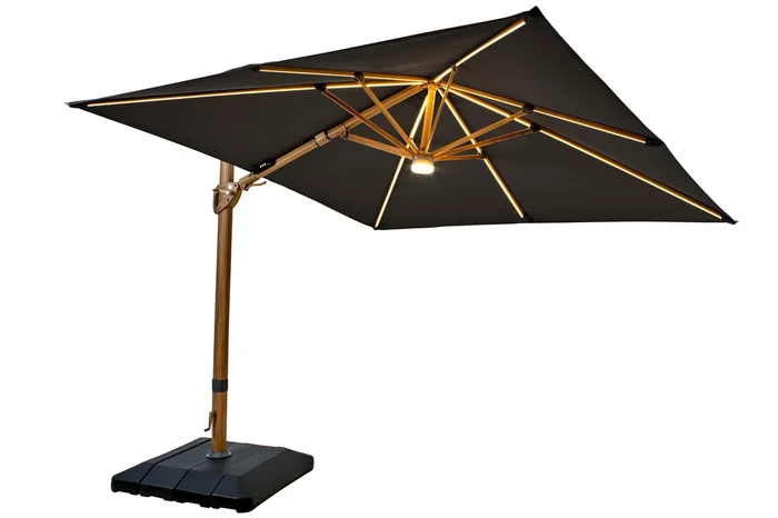 Hartman – Seychelles 3m Square Dark Grey Cantilever Parasol with Solar LED Lights & Bluetooth Speaker
