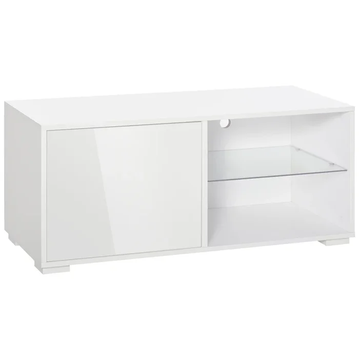 High Gloss White TV Stand Media Unit – Contemporary Cabinet with 2 Shelves and Storage – Ideal for Living Rooms and Office Spaces