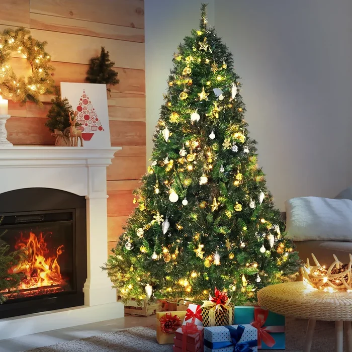 HOMCOM 1.8m 6ft Pre Lit Christmas Tree 200 LED Xmas Tree Holiday Decor with Decorative Balls Ornament Metal Stand