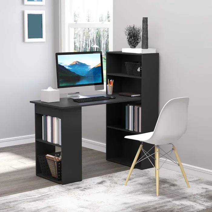 HOMCOM 120cm Modern Computer Desk Bookshelf Writing Table Workstation PC Laptop Study Home Office 6 Shelves Black
