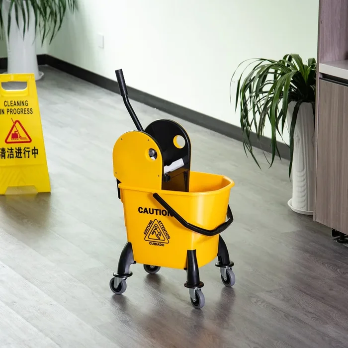 HOMCOM 26L Mop Bucket & Water Wringer with 4 Wheels Plastic Body Metal Handle Pole Holder Home Commercial Cleaning Floor Cart Yellow