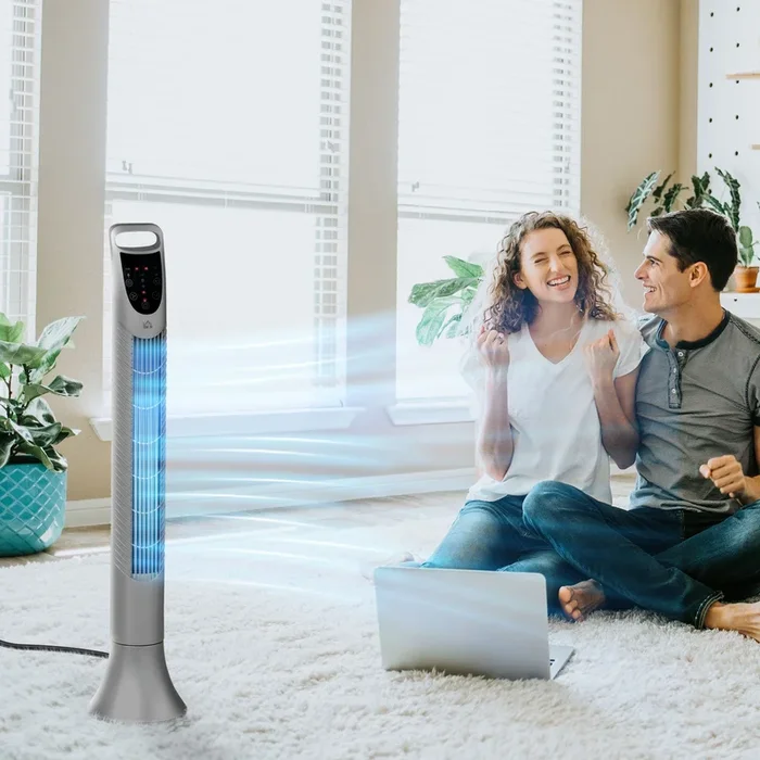 HOMCOM 36” Freestanding Tower Fan, 3 Speed 3 Mode, 7.5h Timer, 70 Degree Oscillation, LED Panel, 5M Remote Controller, Silver