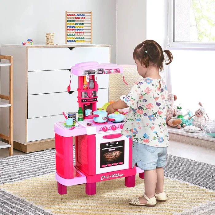 HOMCOM 38-Piece Children’s Kitchen Play Set with Realistic Sounds Lights Food Utensils Pots Pans Appliances