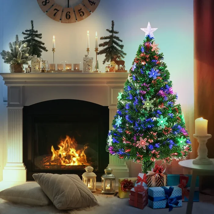 HOMCOM 4ft Prelit Christmas Tree Artificial Tree 120cm with Showflakes Lights, Green