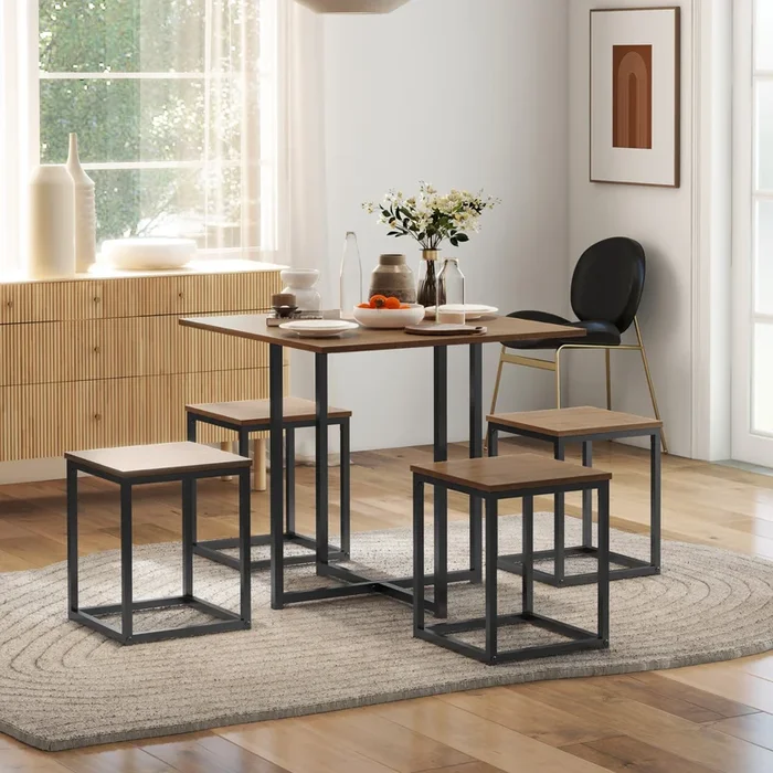 HOMCOM 5 PCS Industrial Table & Stool Set with Metal Frame Home Dining Stylish Square Compact Seating Chair Beautiful Cool Black Brown