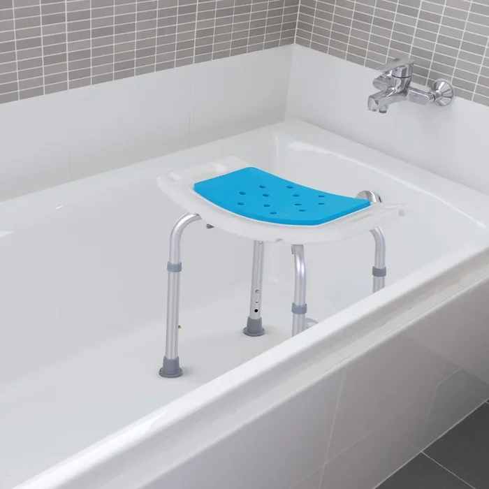 HOMCOM 6-Level Height Adjustable Aluminium Bath Room Stool Chair Shower Non-Slip Design with Padded Seat Drainiage Holes Foot Pad – Blue