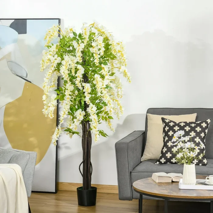 HOMCOM Artificial Realistic White Wisteria Tree Faux Decorative Plant in Nursery Pot for Indoor Outdoor Decor, 160cm
